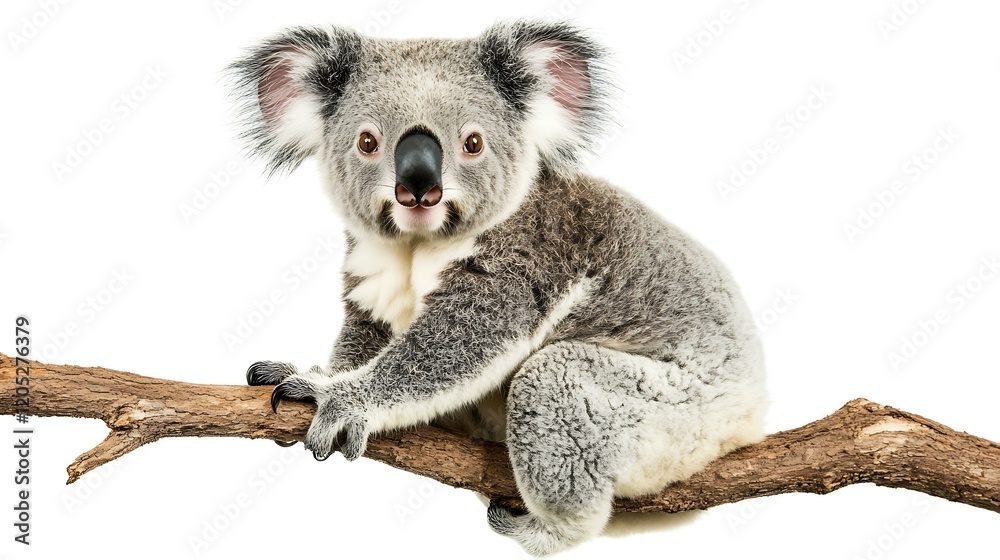 Fototapeta premium A fluffy koala sitting on a branch with a white background
