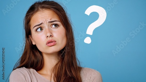Young woman with questioning expression on blue background. Represents uncertainty and personal doubt in modern life.