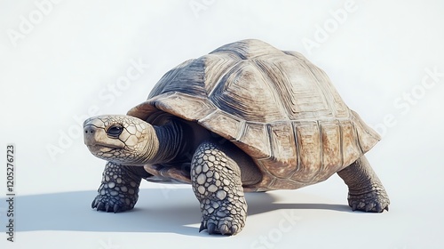 A high-angle shot of a tortoise walking slowly on a white background