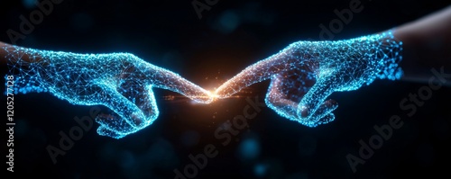 A digital representation of two hands about to touch, surrounded by glowing particles, symbolizing connection and creativity.