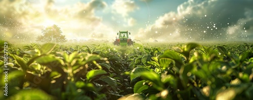 Tractor is driving through a field of green plants