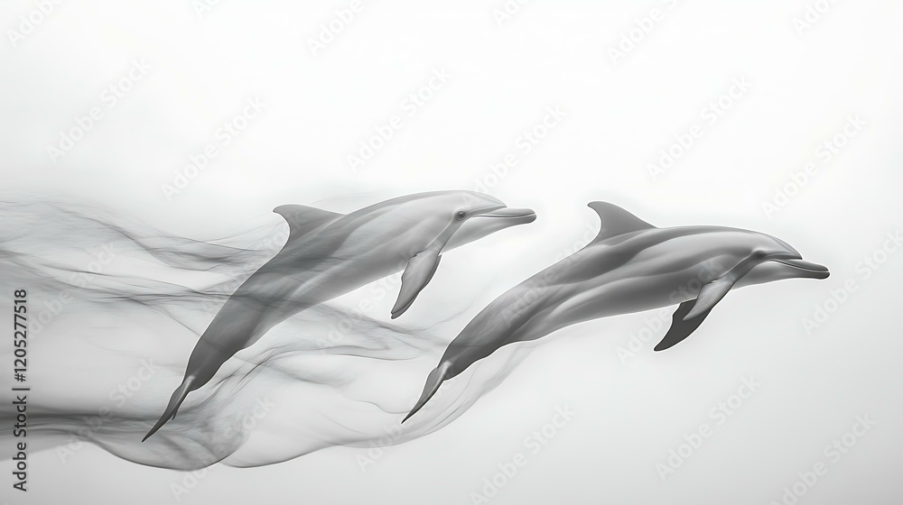 Obraz premium A pair of dolphins swimming in unison against a white background