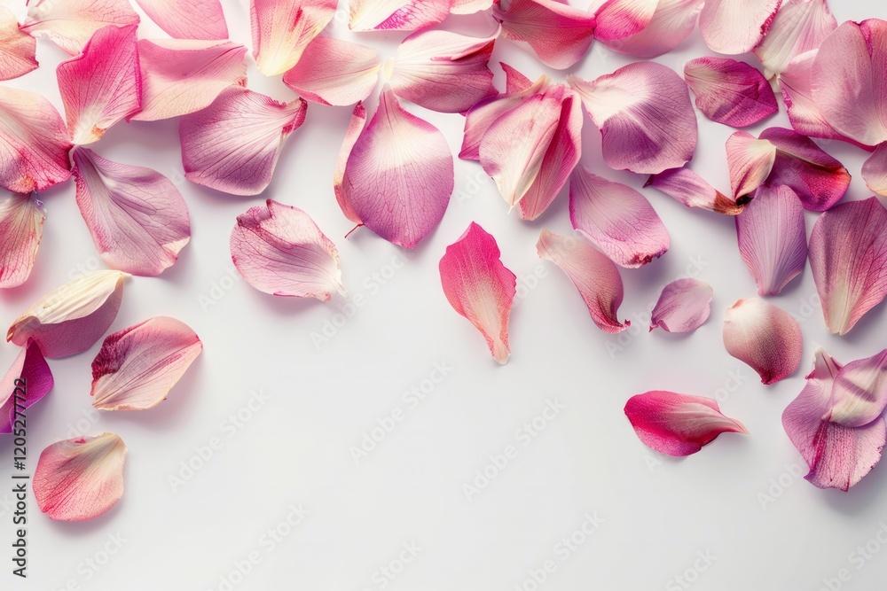 Fototapeta premium Top view of pink rose petals for Valentines Day on light pastel background. High quality photo