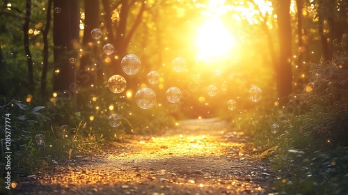 A sunlit forest path with glowing bubbles and magical sparkles lighting the way