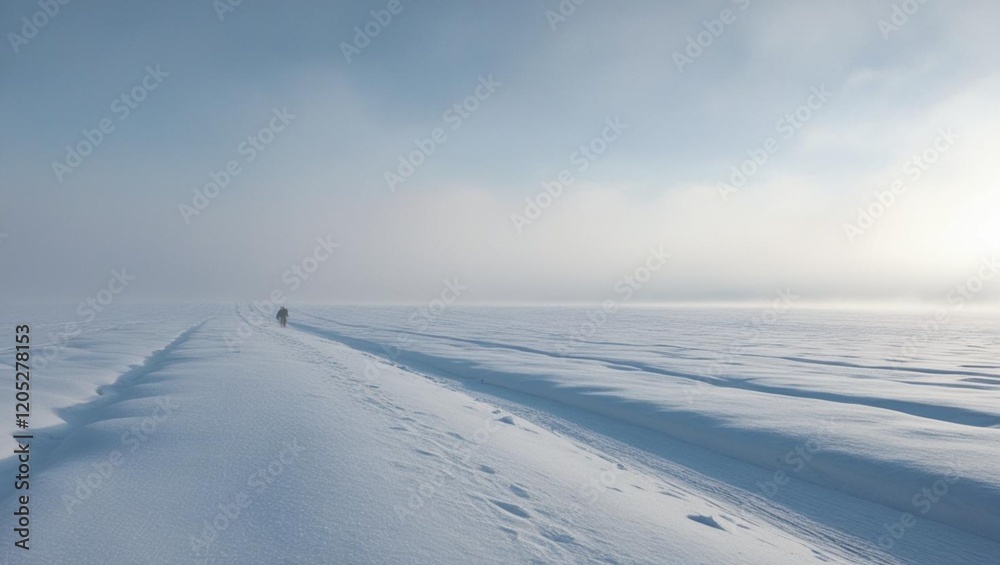 a snowy field on a foggy day; concept adventure, expedition, traveling, vacations and recreation outdoors winter landscape a snowy field on a foggy day; concept adventure, expedition, traveling, vacations and recreation outdoors winter landscape