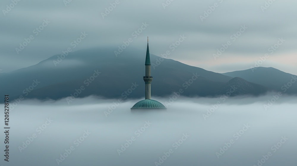Fototapeta premium A mosque's minaret rises above a sea of fog with mountains in the background.