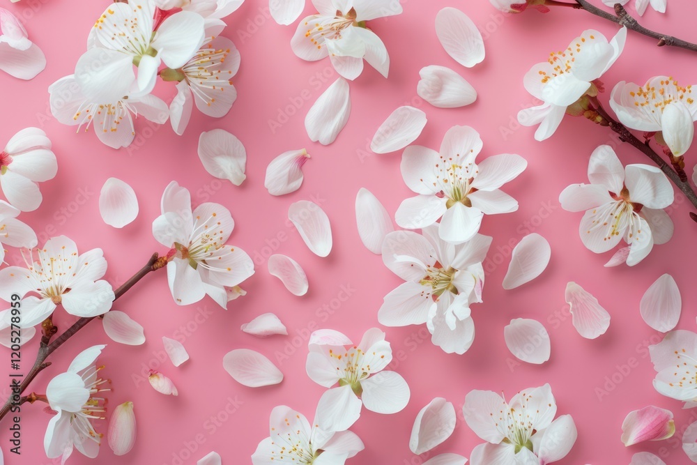Fresh branch of white cherry blossoms and petals on light pink background. Pastel color. High quality photo Fresh branch of white cherry blossoms and petals on light pink background. Pastel color. High quality photo