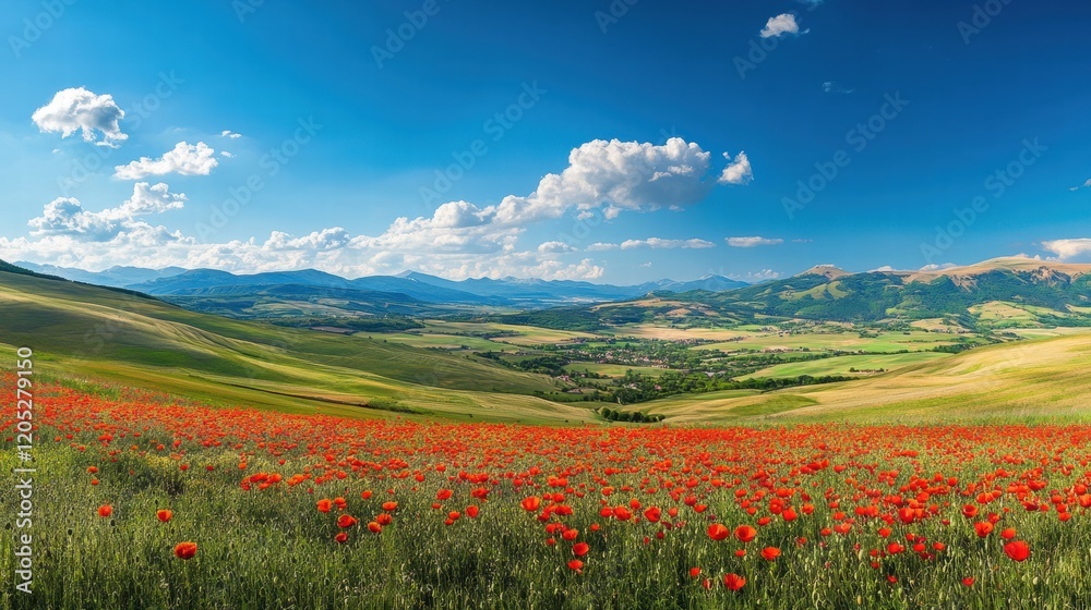Vibrant poppy field stretches across rolling hills under a clear blue sky in a picturesque rural landscape. Generative AI Vibrant poppy field stretches across rolling hills under a clear blue sky in a picturesque rural landscape. Generative AI