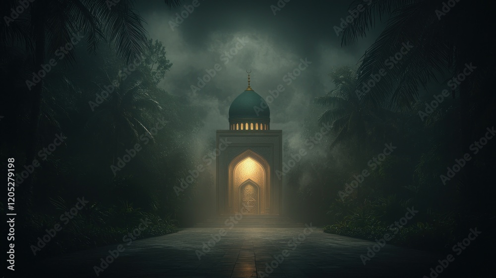 Fototapeta premium A mystical structure emerges through misty palms, illuminated in a serene atmosphere.