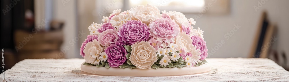 A beautifully crafted cake adorned with floral designs in shades of pink and cream. A beautifully crafted cake adorned with floral designs in shades of pink and cream.