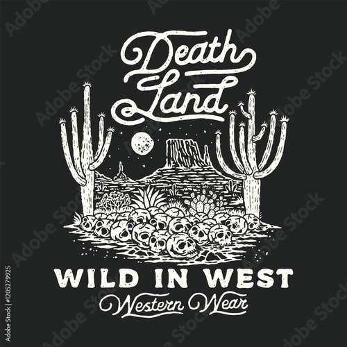 death illustration  skull graphic cactus design desert badge western vintage wild landscape