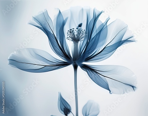 Elegant x-ray style blue flower, translucent petals, soft gradient background