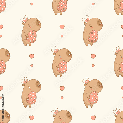 Easter Seamless pattern. Funny capybara in bunny ears with paschal egg on white background with heart. Holiday cute cartoon kawaii animal character. Vector illustration. Kids collection
