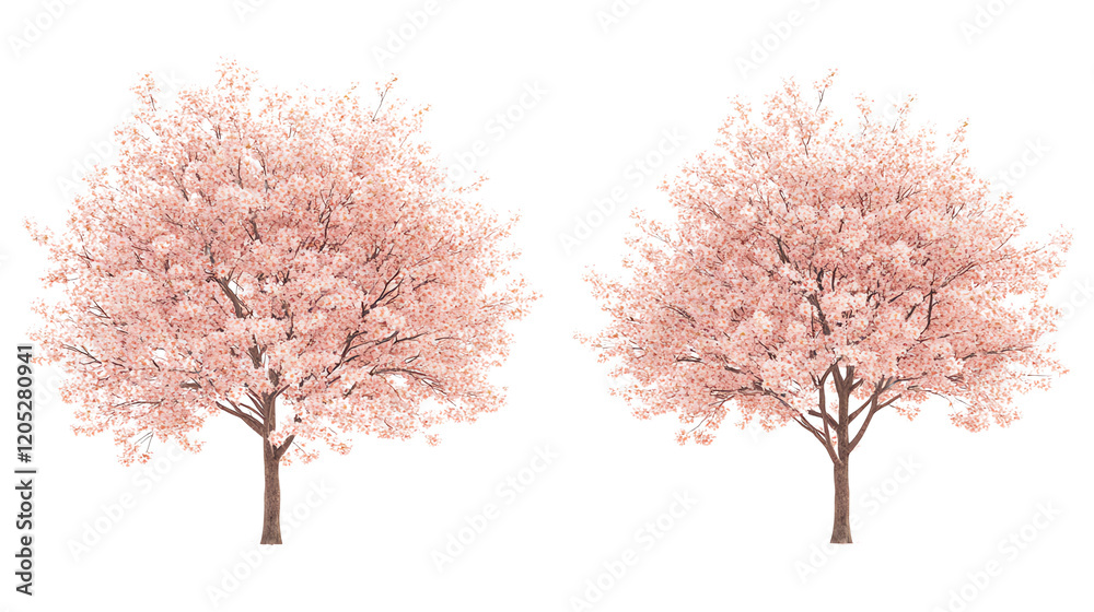 Obraz premium Two beautiful pink cherry blossom trees stand side by side, showcasing vibrant flowers and delicate branches against a simple background.