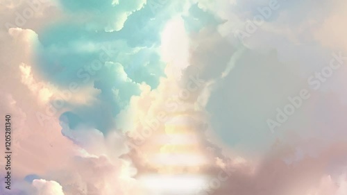 Landscape illustration of a beautiful entrance to heaven, shining divinely through the rainbow-colored clouds.	