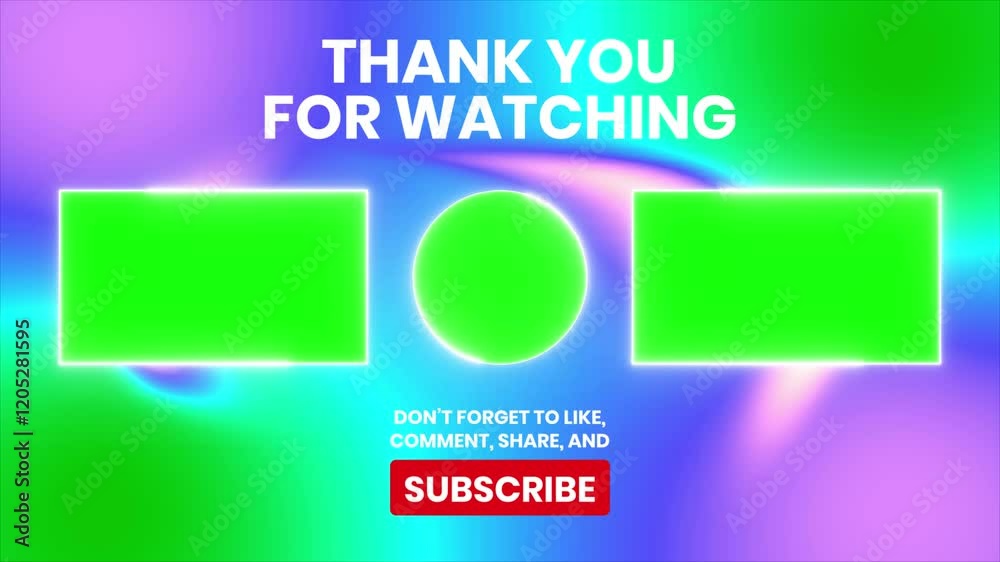 Vibrant neon gradient end screen for YouTube, social media, or video projects.  Features three customizable green screen placeholders for logos, social media handles, or calls to action.