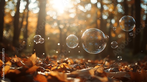 Enchanted bubbles drift through a sunlit forest, casting magical sparkles on the leaves
