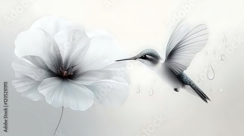 Hummingbird hovering near white flower, soft background, water droplets photo