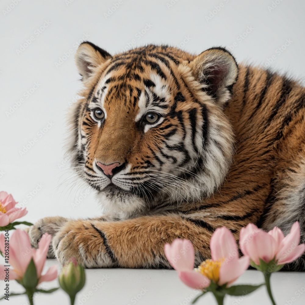 Obraz premium A charming tiger cub resting near a blooming flower on a white background.
