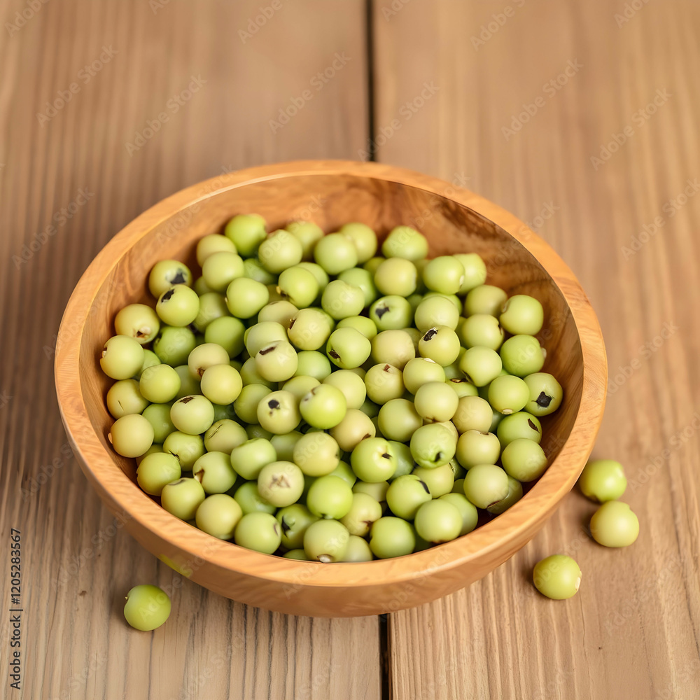 Chick-pea in wooden bowl on wooden surface isolated on the blank background Chick-pea in wooden bowl on wooden surface isolated on the blank background