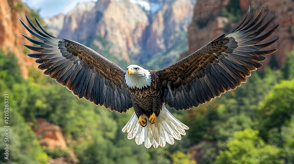 Eagle in flight with mountainous backdrop
Eagle in flight with mountainous backdrop