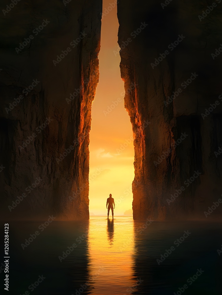 Fototapeta premium Lone Adventurer Exploring Dramatic Sea Cliffs in Tranquil Solitude