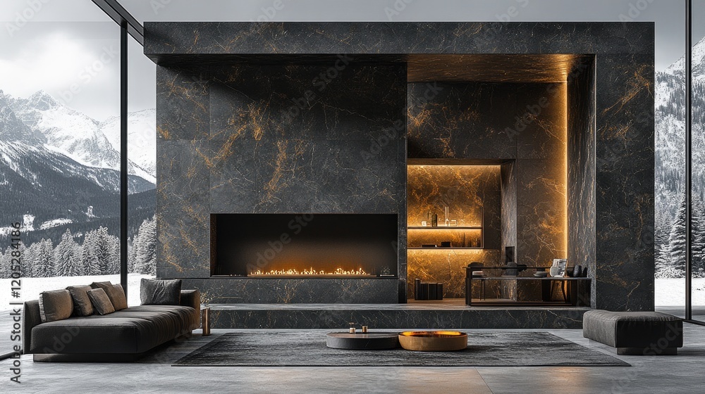 Modern living room with a sleek fireplace and mountain view, showcasing minimalist design elements Modern living room with a sleek fireplace and mountain view, showcasing minimalist design elements