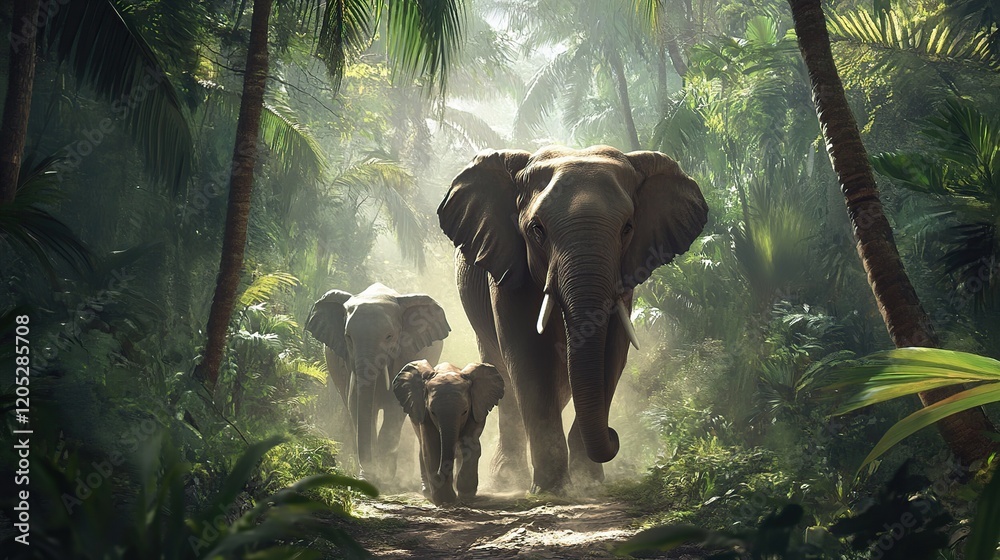 Fototapeta premium Elephant family walking on jungle path.