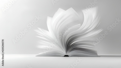 Open book, pages swirling, white background, knowledge concept, education