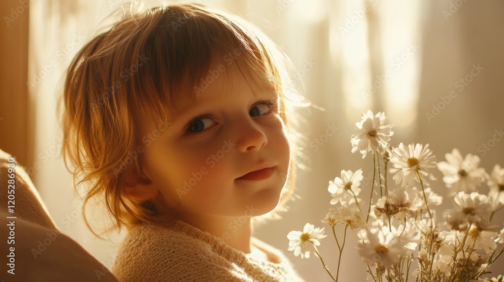 Fototapeta premium A morning kids portrait featuring a playful child holding flowers, with gentle light creating a dreamy and tender atmosphere