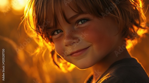 A morning light portrait featuring a smiling child, with the warm glow of sunlight softly highlighting their face and hair