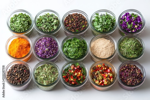 Herb and Spice Blend - A collection of herb and spice blends arranged in small containers or bowls. photo