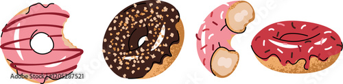 Set of delicious donuts covered with glaze and sprinkles. Delicious dessert for snack, breakfast, lunch in flat cartoon style.
