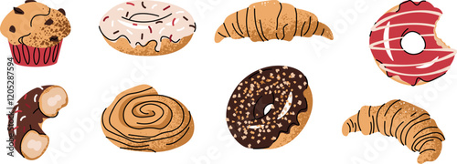 Set of delicious donuts covered with glaze and sprinkles, croissant, muffin, bun. Delicious dessert for snack, breakfast, lunch in flat cartoon style.