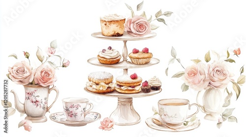 Watercolor illustration of British afternoon tea,tea break in the English style,tea set with Afternoon tea stand with macaroons and scone,cake,cup of tea,Tea time dessert table,vintage style.