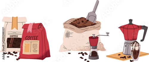 Set of illustrations of a bag of coffee and a moka pot in a flat doodle style. Coffee drink. Coffee break. Tasty composition for a menu, sticker, postcard, etc.