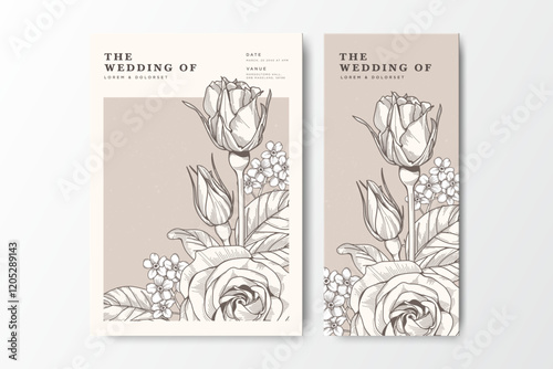 vintage wedding invitation card with hand drawn roses flower and creamy color