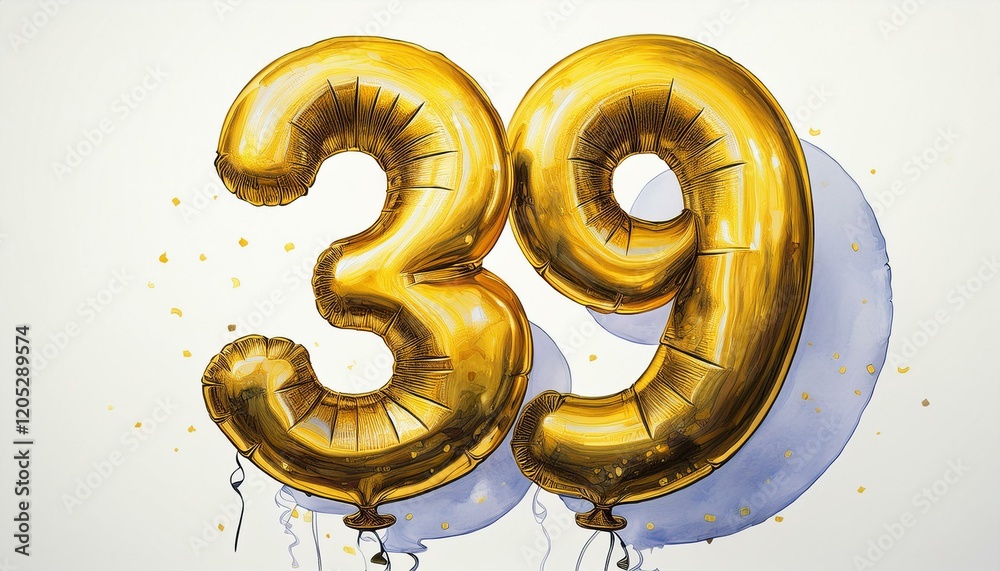 Obraz premium Gold birthday / anniversary party balloon, number 39, watercolor painting with white background