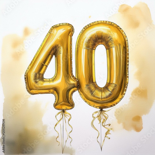 Gold birthday / anniversary party balloon, number 40, watercolor painting with white background photo