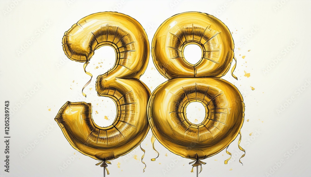 Obraz premium Gold birthday / anniversary party balloon, number 38, watercolor painting with white background