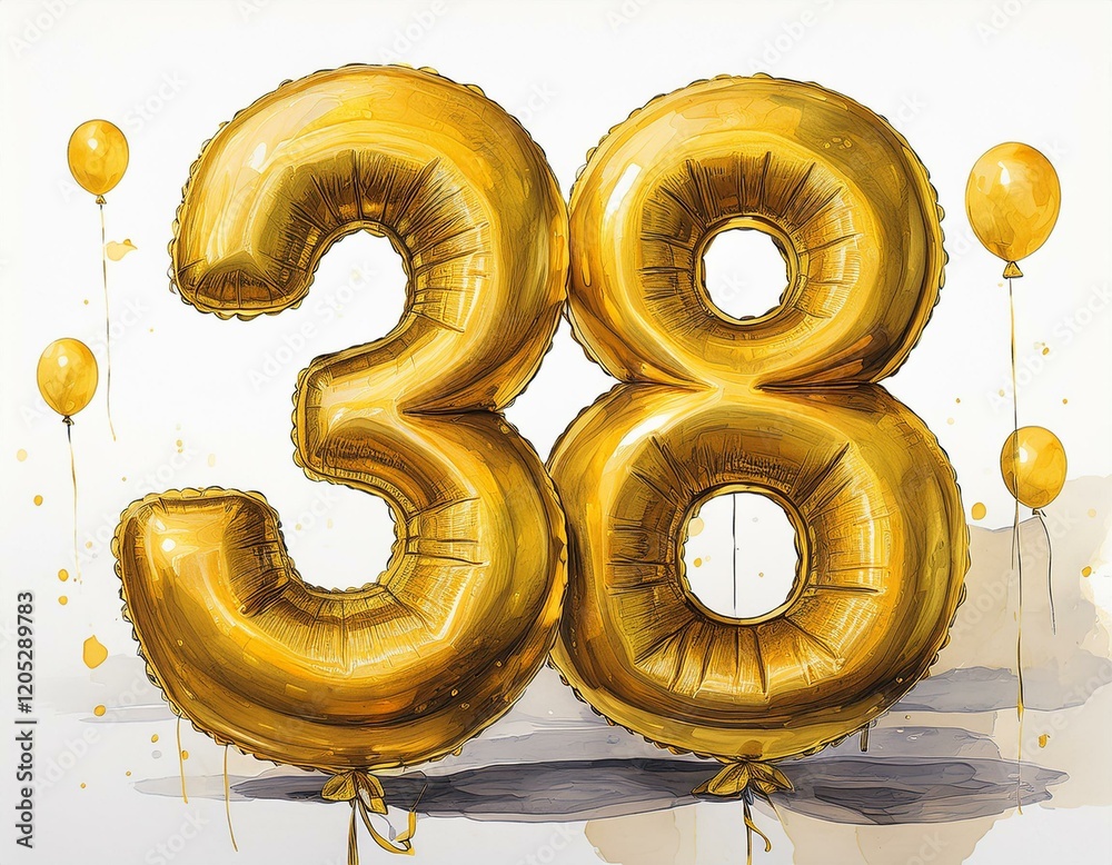 Obraz premium Gold birthday / anniversary party balloon, number 38, watercolor painting with white background