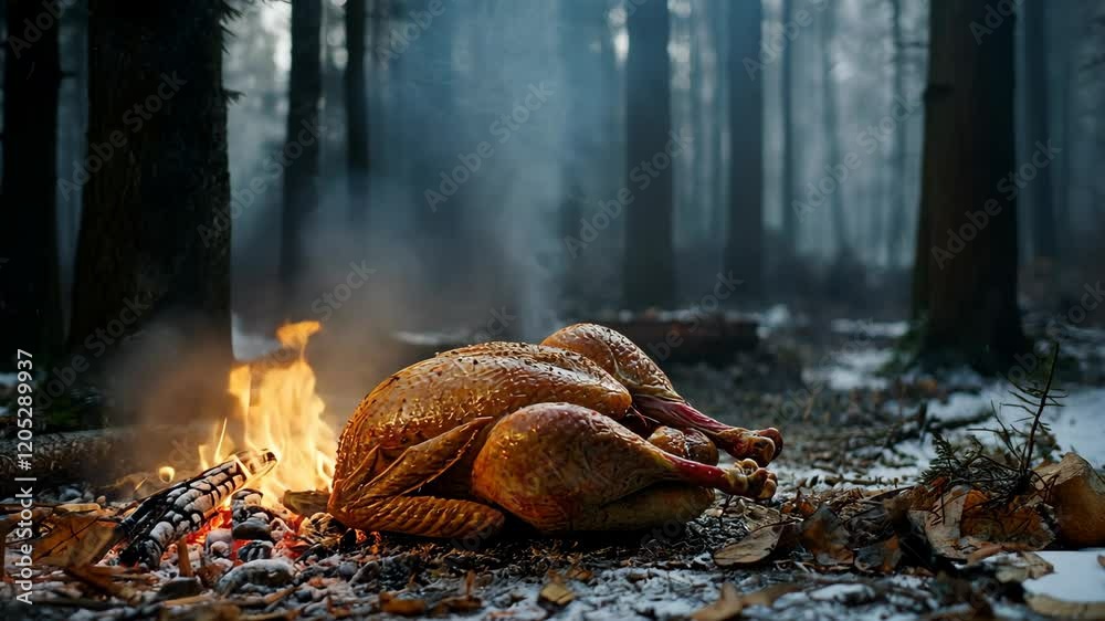 Outdoor cooking of a whole turkey by a campfire in a snowy forest at dusk Outdoor cooking of a whole turkey by a campfire in a snowy forest at dusk