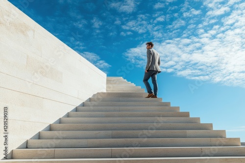 Businessman Climbing Stairs Towards Success and Ambition