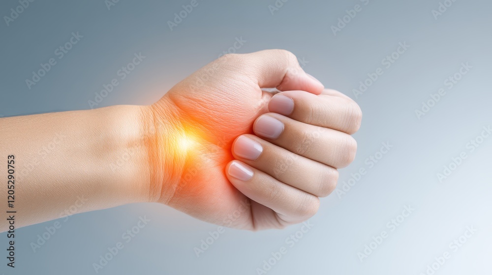 Closeup of hand gently holding wrist with noticeable red spot skin irritation or potential injury Closeup of hand gently holding wrist with noticeable red spot skin irritation or potential injury