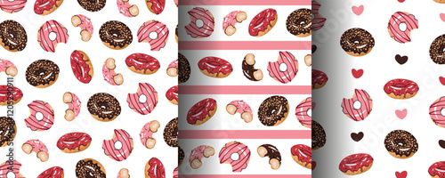 Set of Seamless patterns with glazed donuts. Repeating texture with delicious dessert for fabric, wallpaper, paper, etc.
