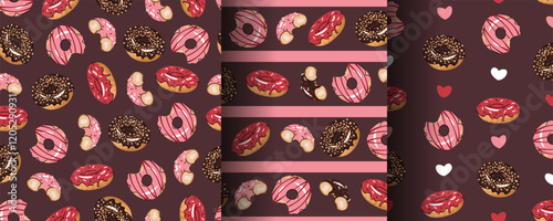 Set of Seamless patterns with glazed donuts. Repeating texture with delicious dessert for fabric, wallpaper, paper, etc.