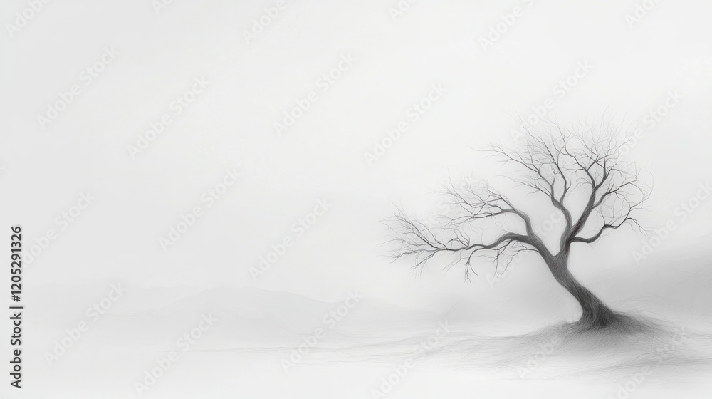 Fototapeta premium A solitary, bare tree stands against a foggy, minimalistic landscape, evoking solitude and reflection.