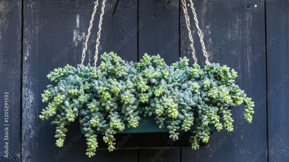 Fototapeta premium A cascading donkey tail succulent growing in a hanging basket, its lush green stems creating a dramatic and elegant display.