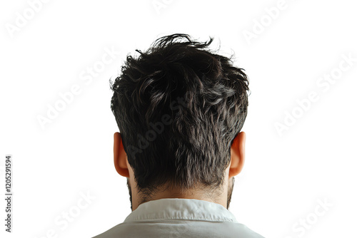 A close-up view of a man's head from the back, showcasing textured hair and a casual setting. Ideal for themes of introspection and identity.,Isolated on transparent background photo