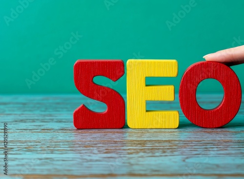 Colorful letters spelling SEO on a wooden surface. photo